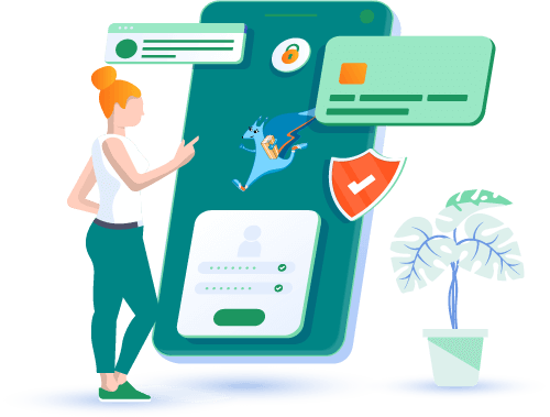 Колаж Девушка с большим смартфоном и логотипом компании Голубая Белка, символизирующий простоту и доступность Заказа по доставке товаров из Польши в РБ